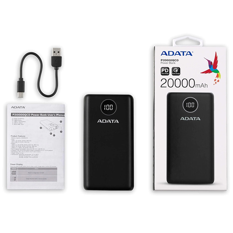 Powerbank 20000mAh, ADATA P20000QCD, schwarz USB-C