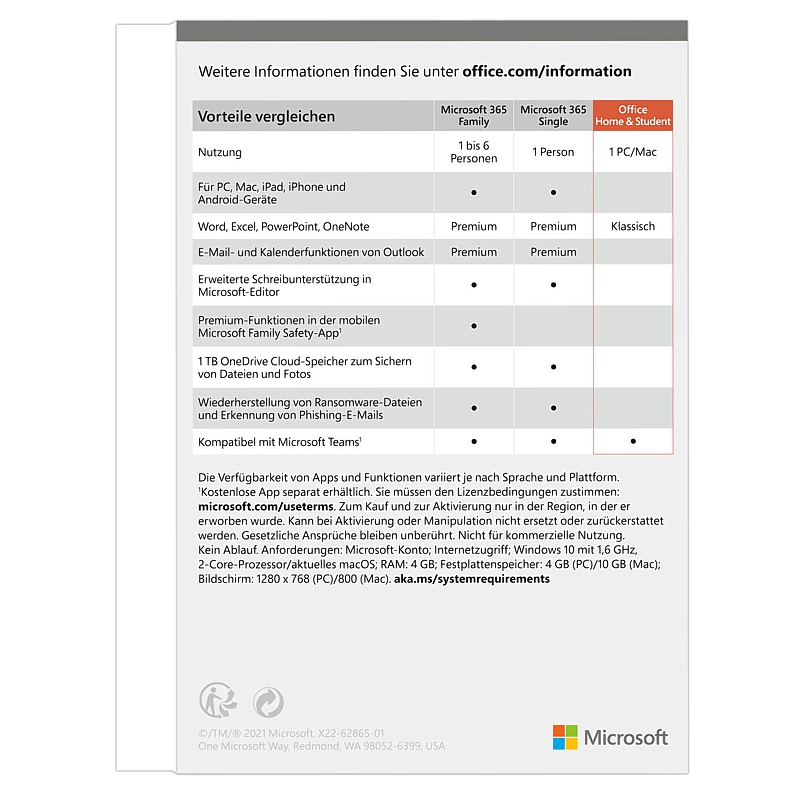 MS-Office 2021 Home & Student, German, Key-Card