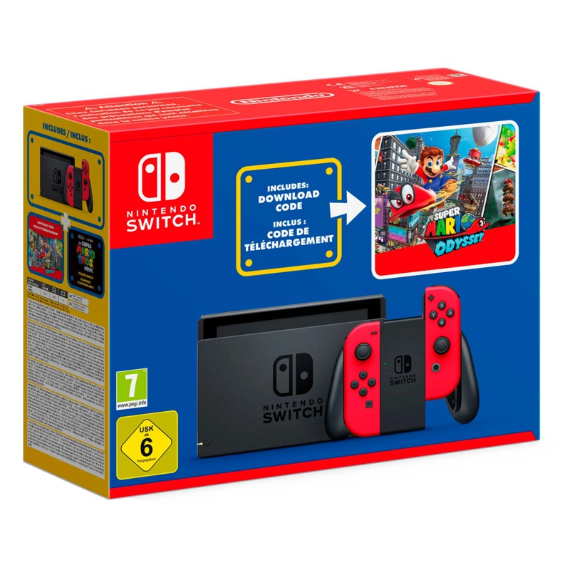 Nintendo Switch V2: Rot + Super Mario Odyssey (Code) + Mario Film-Aufkleber (Switch)